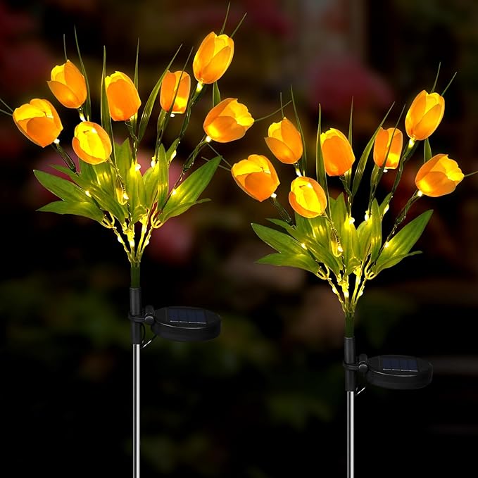 Aolyty Solar Garden Lights Outdoor, Solar Tulip Lights 2 Pack with 14 Tulip Flowers, IP65 Waterproof LED Stake Light for Pathway Patio Yard Landscape Decorative (Yellow)
