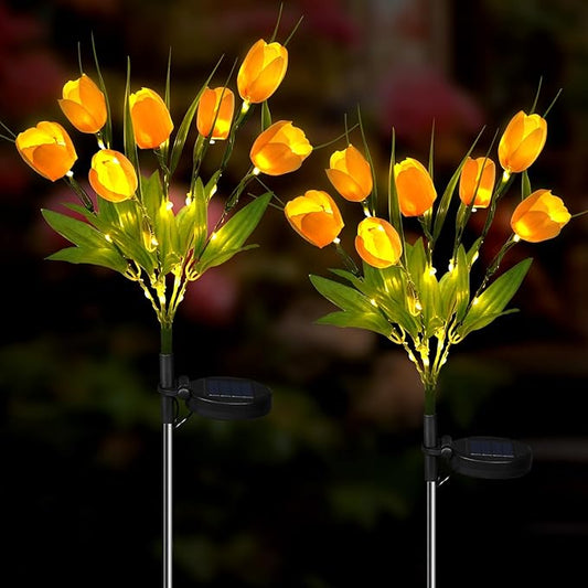 Aolyty Solar Garden Lights Outdoor, Solar Tulip Lights 2 Pack with 14 Tulip Flowers, IP65 Waterproof LED Stake Light for Pathway Patio Yard Landscape Decorative (Yellow)