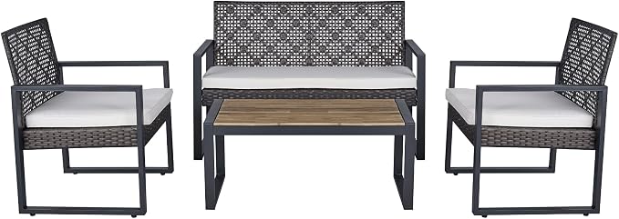 5-Piece Boho Patio Furniture Set, PE Rattan & Acacia Wood Outdoor Conversation Set for Porch, Garden, Backyard, Balcony