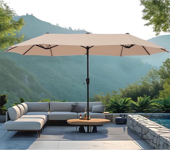 MFSTUDIO 13ft Outdoor Patio Umbrella, Double Sided Large Rectangular Umbrella Market Table Twin Triple Rectangle Umbrellas with Crank Handle for Outside Picnic Backyard Deck Pool (no base)
