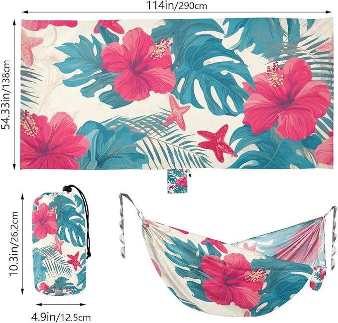 Leaves Red Hibiscus Flowers Starfish Hawaiian Style Hammocks with Hanging Rope Backyard Hammock for Patio Backyard Lounge Base