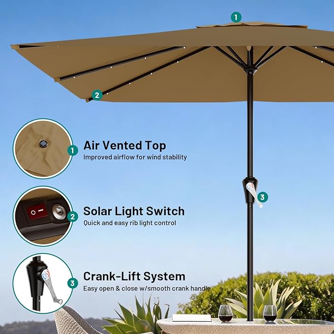 AreShark 8' X 10' Rectangular Patio Umbrella with Solar Lights, Lighted Solar Umbrella with Crank, Outdoor Table Umbrella for Garden, Deck, Backyard, Pool and Beach, Khaki