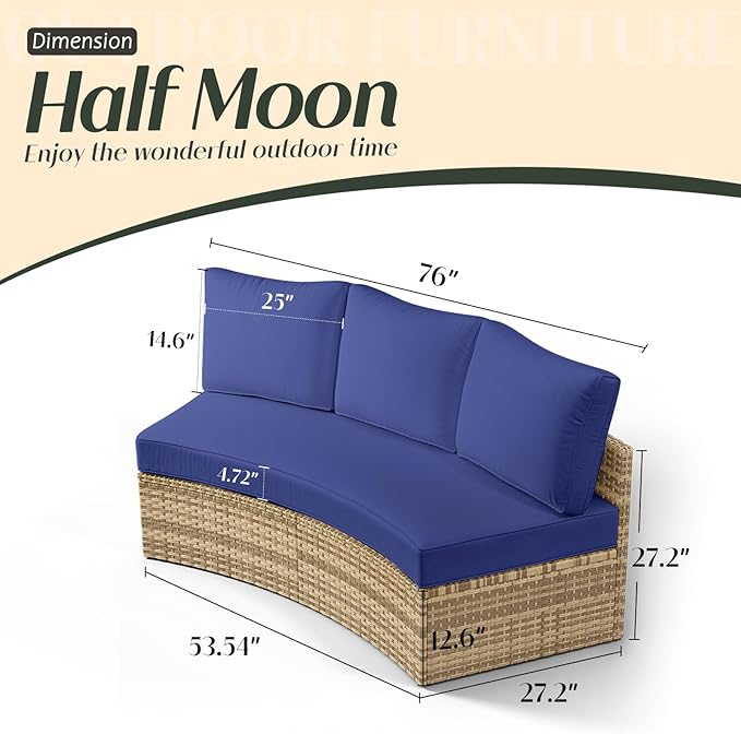 PaPaJet Patio Conversation Set, 3 Piece Half-Moon Sectional Round Patio Furniture Set, Wicker Sofa Set, for Backyard Patio Garden, Blue