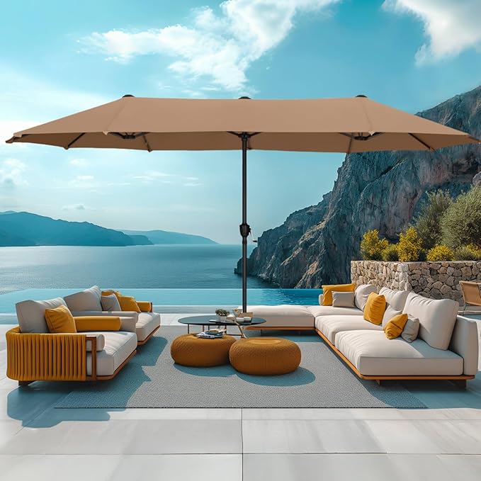 MFSTUDIO 13ft Outdoor Patio Umbrella, Double Sided Large Rectangular Umbrella Market Table Twin Triple Rectangle Umbrellas with Crank Handle for Outside Picnic Backyard Deck Pool (no base)
