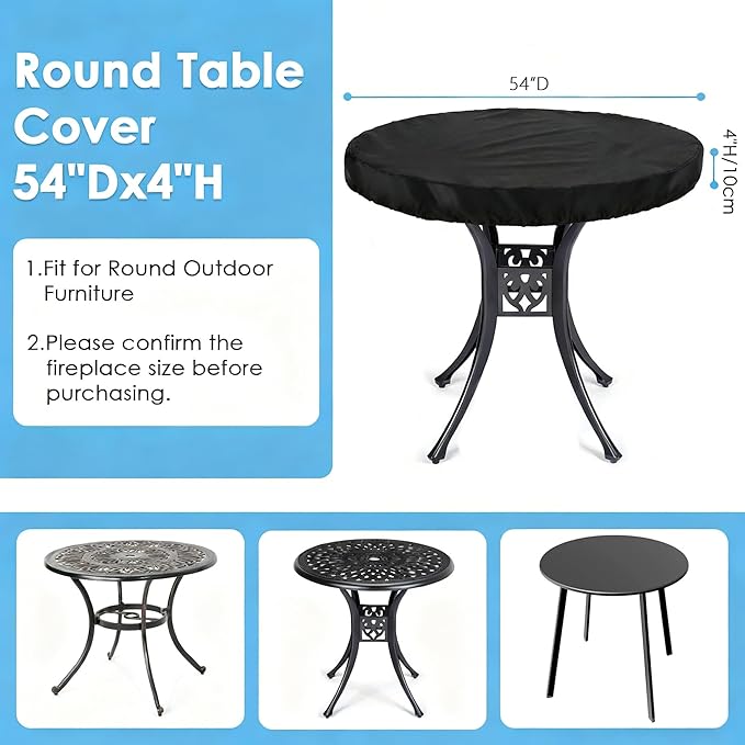 Round Outdoor Table Cover Waterproof Anti-UV Heavy Duty Round Patio Table Covers for Outdoor Furniture, Windproof Outdoor Patio Coffee & Dining Table & Table Top Cover Weatherproof Protector,54"D×4"H