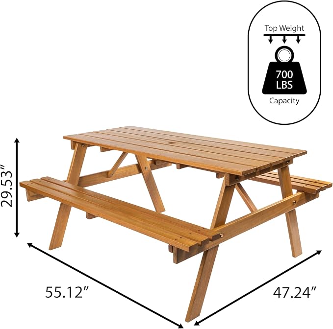 JONATHAN Y Shoreham 55" Eucalyptus Wood Outdoor Picnic Table with Benches for Patio, Rectangular Dining Set with 2" Umbrella Hole, Heavy Duty 700 lbs Capacity, Teak Brown BNH200A-NEW