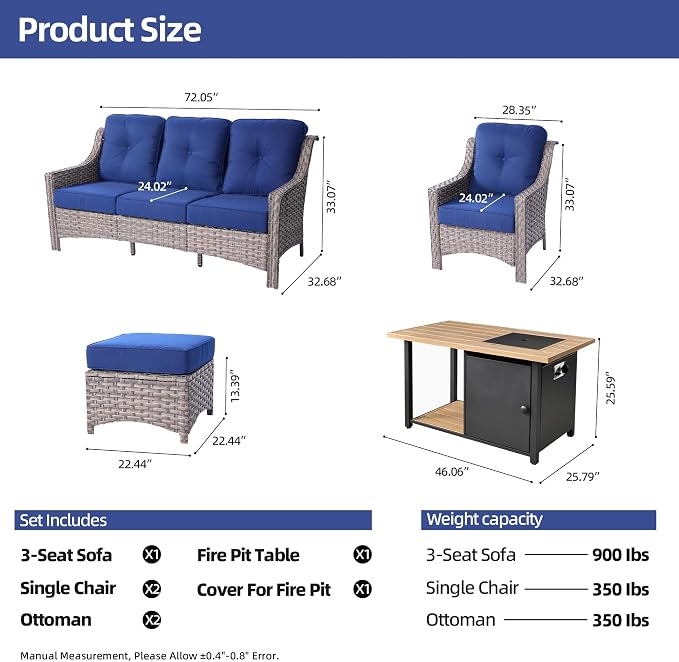 HOOOWOOO 6 Piece Patio Furniture Sets with Fire Pit Table,Outdoor Wicker Furniture Set,All Weather Resistant Outside High Back Rattan Conversation Set for Out Door(Navy Blue)