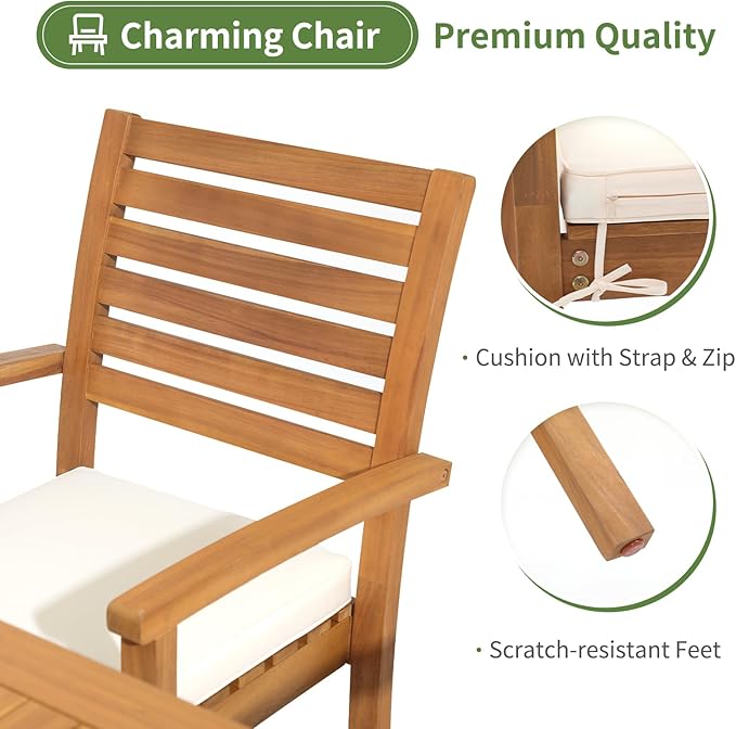 OC Orange-Casual 5 Piece Patio Dining Set, Outdoor Acacia Wood Furniture Set, Extendable Rectangular Solid Table and 4 Stackable Chairs for Lawn Backyard Deck, White Cushion