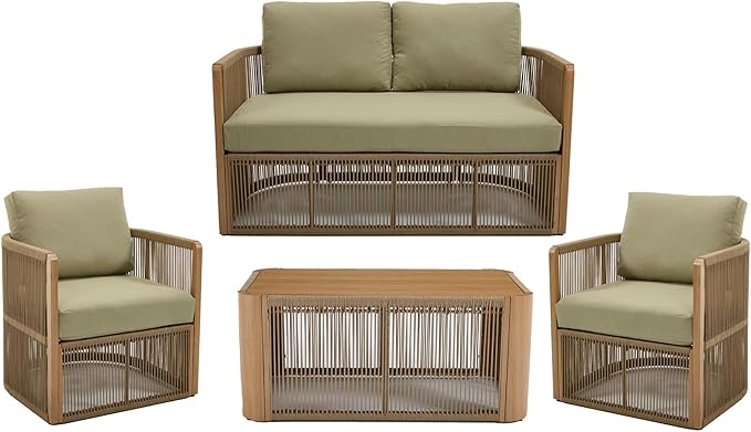 4 Piece Patio Furniture Set, Aluminum Patio Conversation Set, Rope Rattan Patio Sectional Sofa, All Weather Outdoor Sofa Couch with Coffee Table and Cushions for Lawn/Backyard/Deck, Green