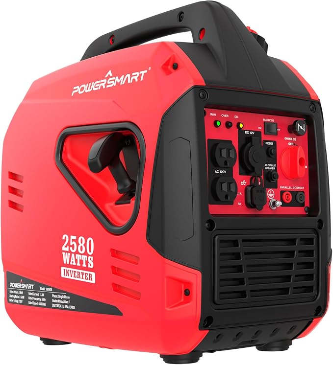 PowerSmart 2580W Portable Inverter Generator, Super Quiet Gas Powered Engine, 79cc 4-Stroke OHV, 120V AC & 12V DC Output, EPA Compliant for Outdoor Camping, Tailgating and Home Backup