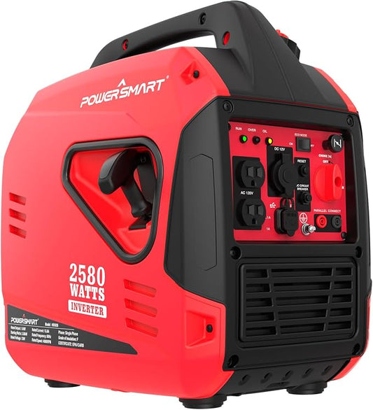 PowerSmart 2580W Portable Inverter Generator, Super Quiet Gas Powered Engine, 79cc 4-Stroke OHV, 120V AC & 12V DC Output, EPA Compliant for Outdoor Camping, Tailgating and Home Backup