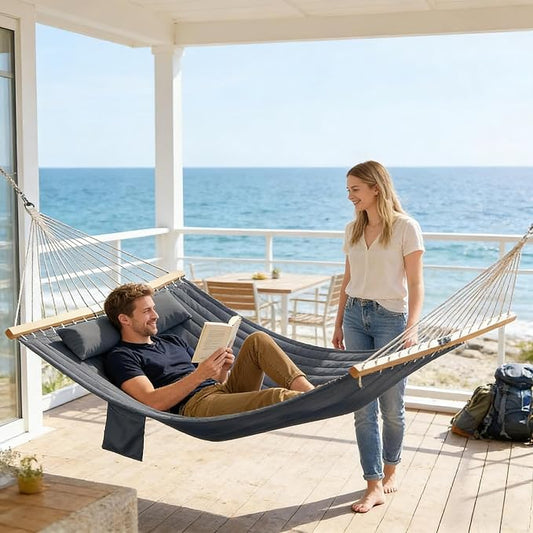 Penau Double Hammock, Quilted Patio Lounger, Gray Wood | Quilted Cotton Padding, Two-Person Lounging, Adjustable Pillow, Built-In Pocket, Balcony Patio Use