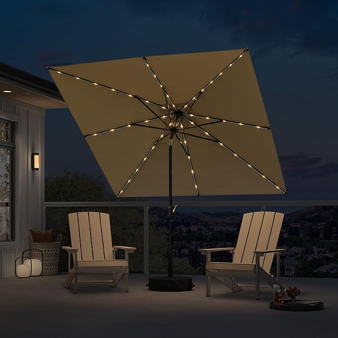 PURPLE LEAF 8' x 8' Square Patio Umbrella with Solar LED Outdoor Table Umbrella Aluminum Frame Market Umbrella with 8 Sturdy Ribs & Tilt for Garden Deck Lawn Pool Beige