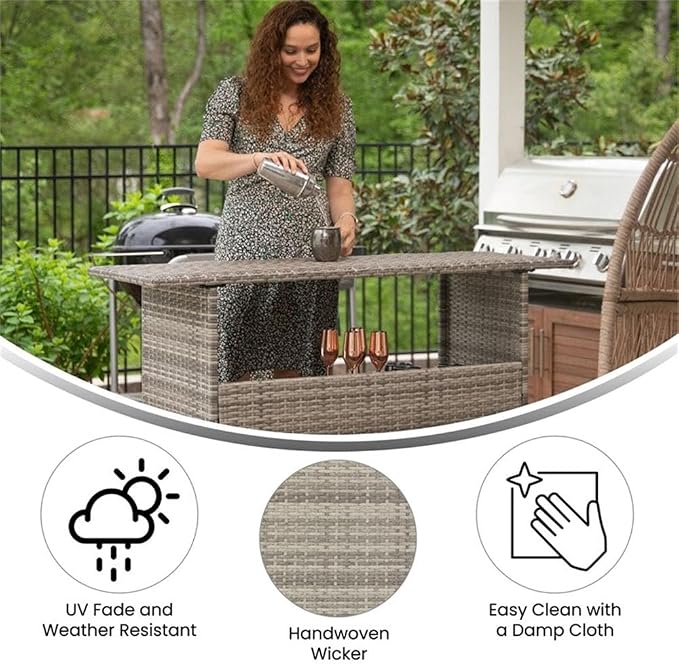 Afuera Living Wicker Rattan Patio Bar Counter Table, 54" W x 18" D x 36" H, Gray Finish, Indoor/Outdoor UV-Resistant All-Weather Metal Frame with Two Shelves, Counter Height for Barstools