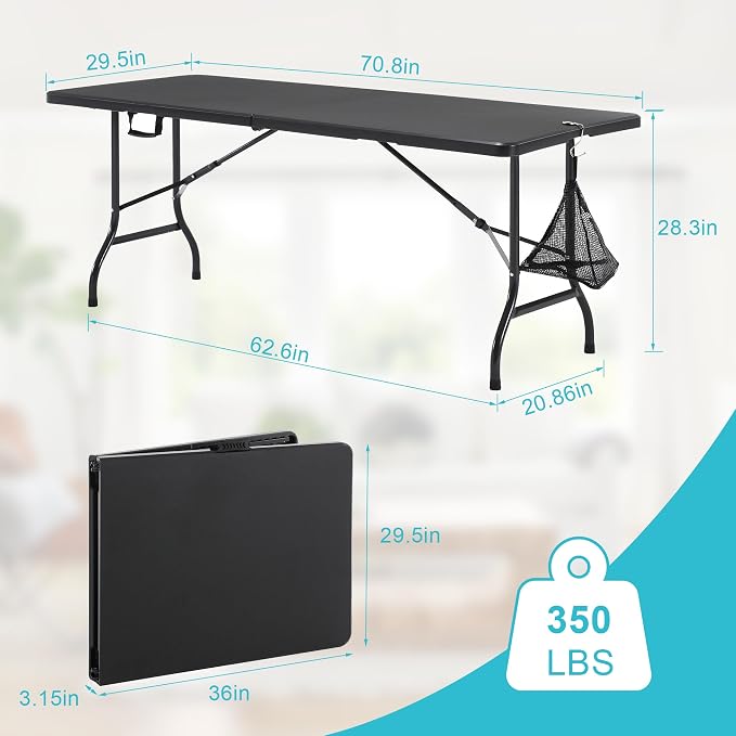VECELO 6Ft Folding Picnic Table,Indoor Outdoor Plastic Portable Foldable Desk with Handle, Mesh Trash Bag&Lock Legs Heavy Duty for Camping, Dining, Party, Black