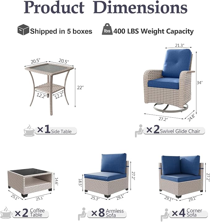 Patio Furniture Set, 17-Piece Outdoor Sectional Sofa with Swivel Rocker Chairs & 2-Layer Glass Coffee Table, Wicker Patio Conversation Set with Blue Cushions