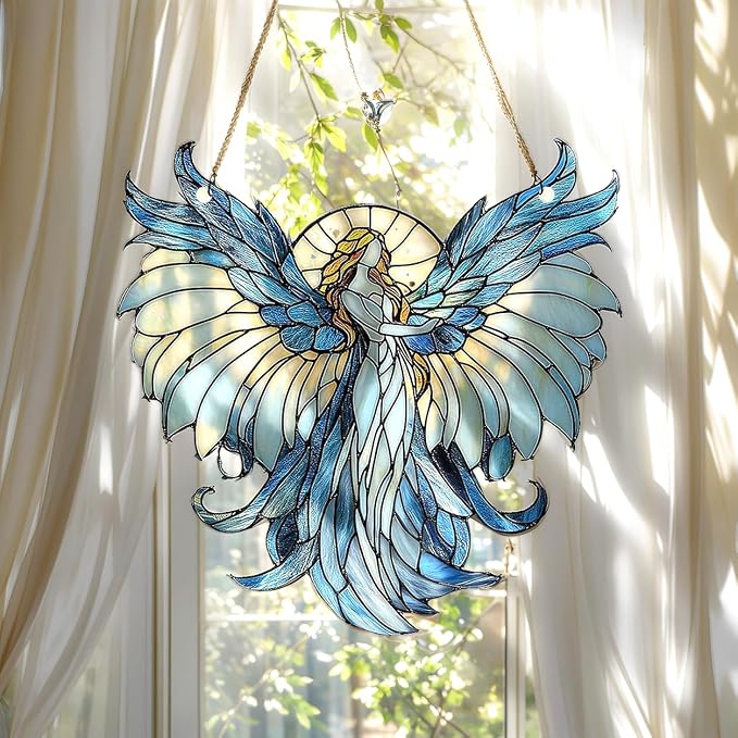 Guardian Angel Suncatcher Spiritual Religious Ornament Acrylic Stained Glass Effect Window Hanging Art Garden Decor Mom Mothers Day Decoration Gifts for Girlfriend Wife Women Teacher