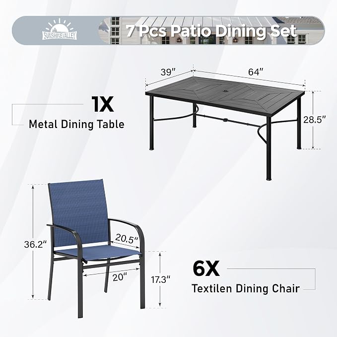 SUNSHINE VALLEY 7 Pcs Patio Dining Set for 6, Rectangular Metal Dining Table with Umbrella Hole and 6 Chairs, Outdoor Table and Chairs Set for Lawn Garden Backyard and Deck, Blue