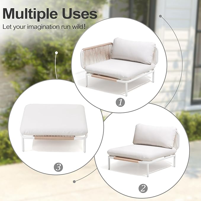 Patio Furniture Set, Outdoor Patio Furniture Oversized Metal Single Sofa, 1-seat Conversation Set with Cushion for Indoor and Outdoor, White Frame and Beige Mat (1 Seat 2 Armrests)
