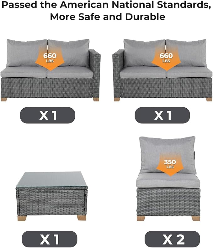 Grand patio 6 Seats Outdoor Conversation Sets with Olefin Cushions, Wicker Modular Sofa Sets with Coffee Table for Backyard Garden Poolside Light Gray