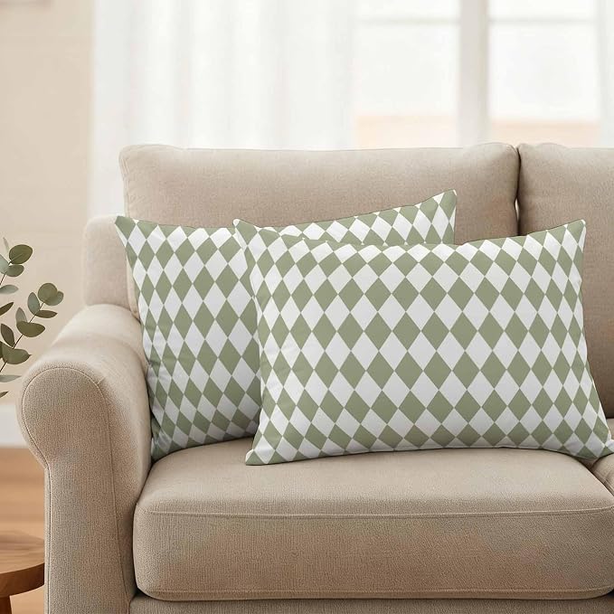 Modern Sage Green White Check Outdoor Pillow Covers Set of 2,Decorative Waterproof Throw Pillow Case,Abstract Buffalo Plaid Cotton Linen Soft Cozy Cushion Pillowcases