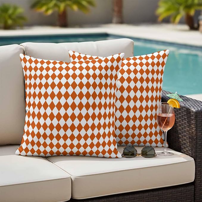 Outdoor Throw Pillow Cover Modern Orange White Plaid Waterproof Cushion Covers 2 Pack Geometric Lattice Pillow Cases Home Decoration for Patio Garden Couch Sofa