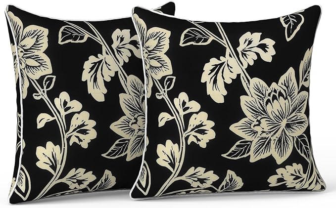 LVTXIII Set of 2 Patio Throw Pillows Waterproof 16"x16" Fade Resistant Outdoor Throw Pillow with Inserts,Decorative Garden Toss Pillow Cushions for Home Patio Sofa Use, Elegant Vines Black
