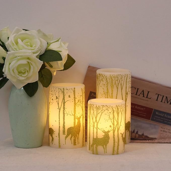 Wondise Flameless Flickering Candles with Timer, Battery Operated Real Wax Gold Deer Decal LED Pillar Candles for Christmas Holiday Home Decoration, Set of 3(3 x 4,5,6 Inch)