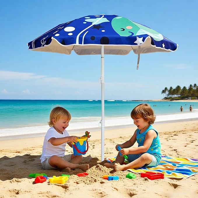 LOTTAFUN Water Table Umbrella Kid 5ft Beach Umbrella Diameter 0.99-1.2 Inches Pole UV 50+ Portable Sun Shade with Sand Anchor & Carry Bag, Outdoor Folding Umbrella for Beach,Pool,Patio,Garden (Dophin)NO Tilt The sand needs to be over 5inches above the ...