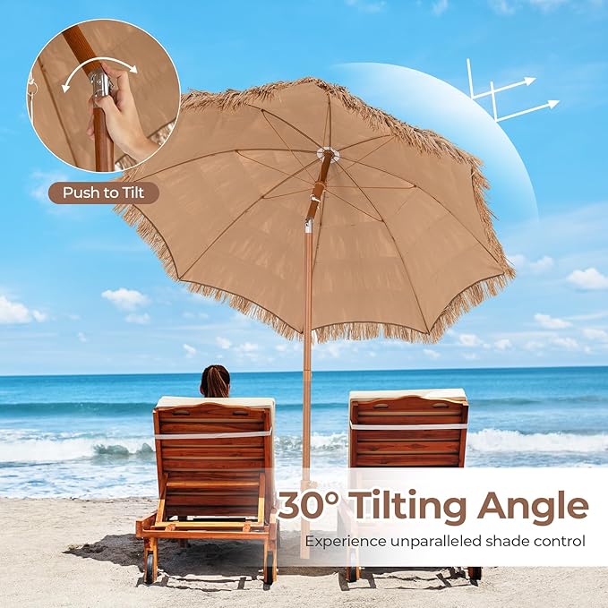 HAPPYGRILL 6.5 FT Hula Thatched Tiki Beach Umbrella, 30° Tilting Hawaiian Style Tropical Holiday Umbrella with 8 Metal Ribs, Carry Bag & Foldable Base for Patio, Garden & Pool