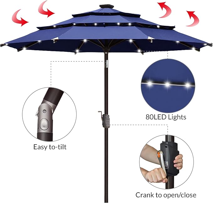 EliteShade USA 10-Year-Non-Fading 9ft 3-Tier Market Patio Umbrella, Commercial Table Umbrella with 80 Solar LED Lights, Crank Open, Windproof & UPF 50+ UV Protection for Garden, Deck, Pool, Backyard, Navy Blue