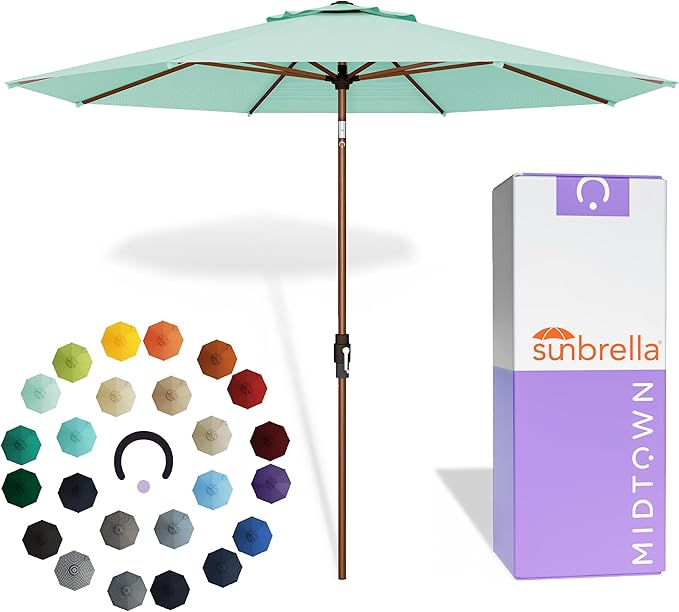 Midtown Umbrellas Wooden 2-8 Ft Patio Umbrella with 360° Swivel & Tilt Mechanism, 8 Fiberglass Ribs & Sunbrella Fabric - Outdoor Umbrella for Deck, Pool & Garden - Burgundy Canopy, Wooden Pole