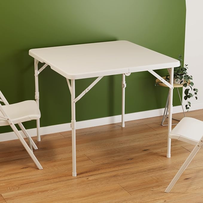 Allpop 34'' Square Folding Card Table, Fold-in-Half Portable Plastic Dining Table with Carry Handle & 2 Heights for Picnic Party Commercial Events, White