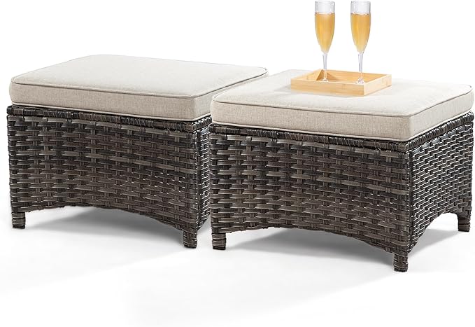 Wicker Chair Set 6 Pieces - Outdoor Wicker Patio Furniture Set with 4 Armchairs and 2 Ottomans, Olefin Cushions Included(Mixed Grey/Beige)