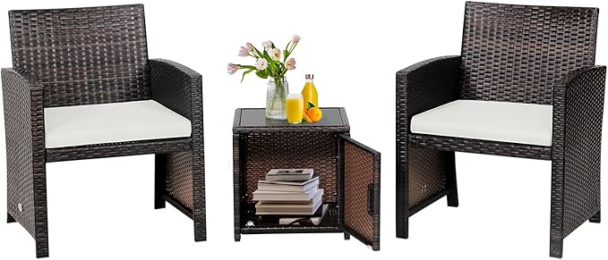 Tangkula 3 Pieces Outdoor Wicker Conversation Set with Waterproof Cover, 2 Patio PE Rattan Cushioned Chairs with Side Storage Table, Suitable for Front Porch, Balcony, Garden, Poolside (White)