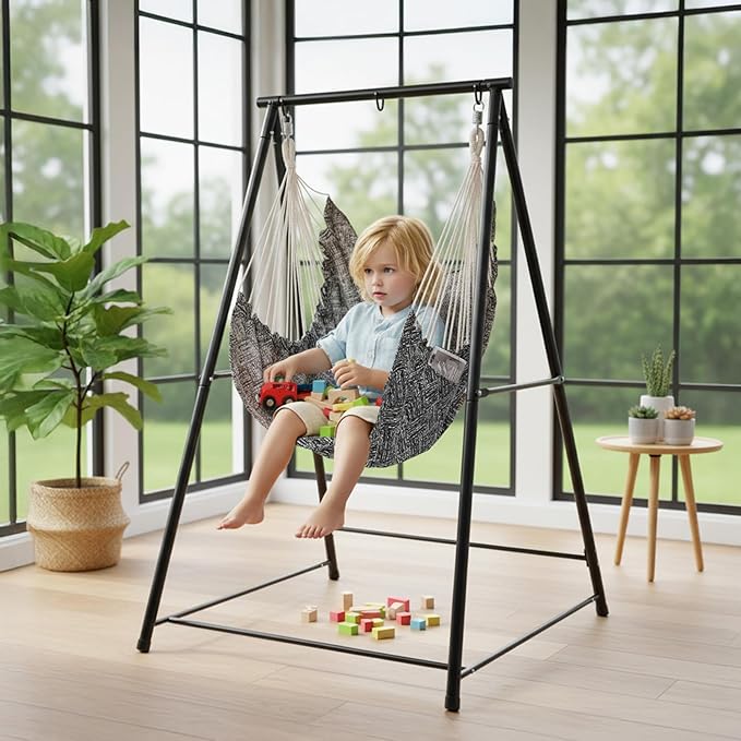 Hammock Chair Stand with Swing Chair, Heavy Duty Freestanding Hanging Chairs with Stand, Outdoor Hammocks Bed for Outside Backyard, Camping, Garden, Yard, Patio, 660 lbs Weight Capacity (Black)