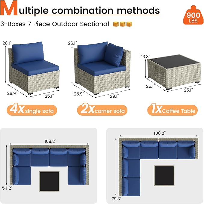 Patio Furniture Set, 7-Piece Outdoor Sectional All-Weather Wicker Patio Conversation Set for Backyard (Navy Blue Cushions with Grey Rattan)