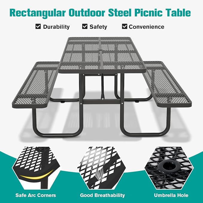 72'' Rectangular Steel Picnic Table for Outdoors,Commercial Metal Picnic Table with Umbrella Hole, Heavy Duty Sturdy Picnic Tables Furniture Set for Patio Garden Courtyard BBQ, Black