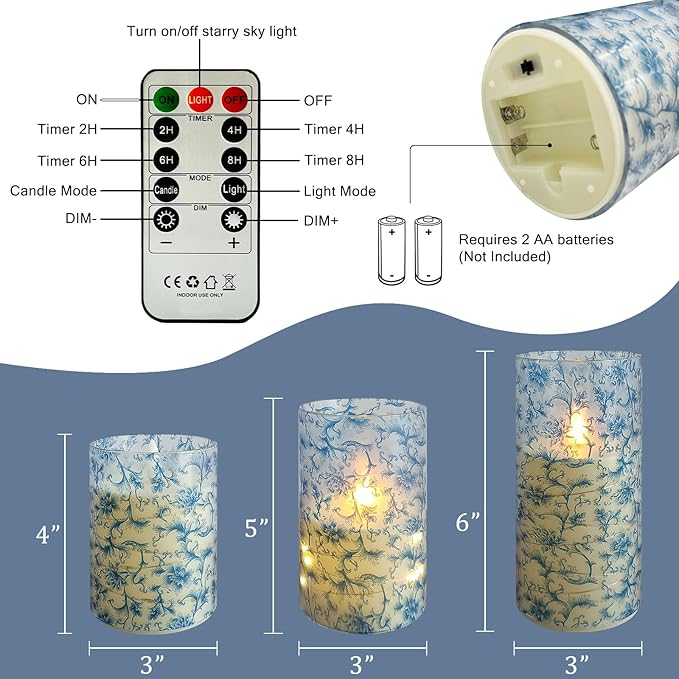 Flickering Flameless Candles, Recessed String Light LED Candles 3D Wick Acrylic Battery Operated LED Pillar Candles with Remote and Timer for Modern Simple Home Decor Set of 3(Blue Twig)