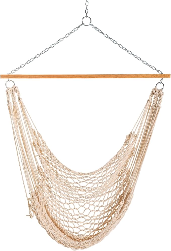 Original Pawleys Island Single Hammock Chair – Oatmeal DuraCord Rope, 350 lb Capacity, Oak Spreader Bar, Zinc Plated Hardware, Handcrafted in The USA