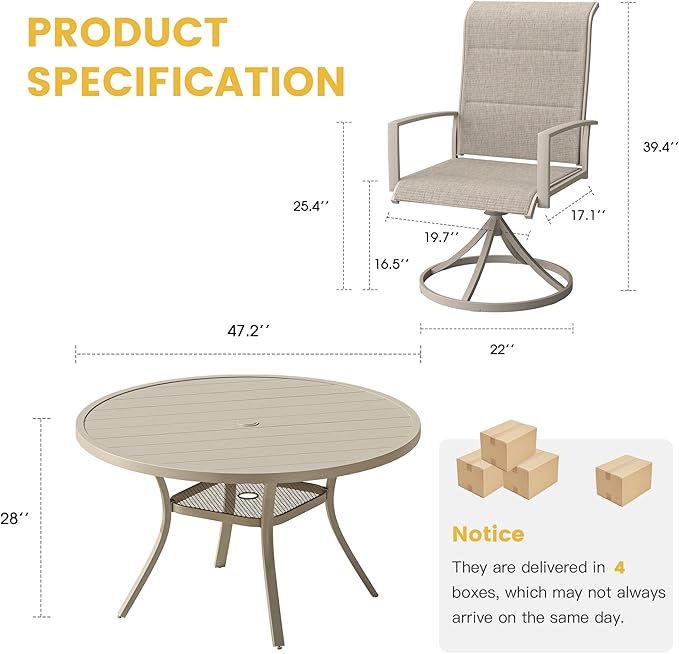 VICLLAX 7 Pieces Patio Dining Set for 6, All Weather Outdoor Furniture Set - 47.2" Round Patio Table and Swivel Padded Chairs, Sandshell Color Tabletop and Fabric