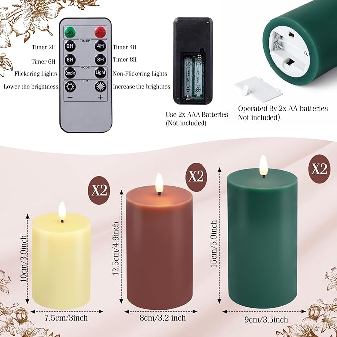 6 Pcs Flameless Candles Battery Operated LED Flickering Flameless Pillar Candles with Remote Real Wax Khaki Brown Green Table Decorations for Spring Wedding Home Decor
