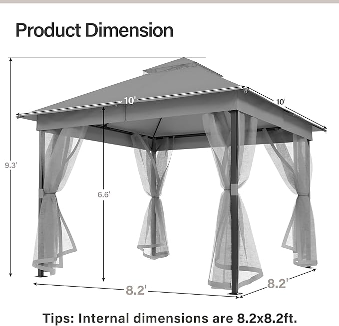 LAUSAINT HOME Patio Gazebo 10'x10', Outdoor Heavy Duty Party Tent Shelter with Double Roofs, Mosquito Nettings for Backyard, Garden, Lawn, Gray
