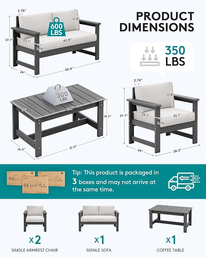 SERWALL 4 Pieces HDPE Outdoor Sofa Set with 10FT Patio Umbrella, All Weather Use Loveseat Furniture Sofa Set, Outdoor Conversation Couch with Coffee Table for Patio, Grey Frame with Khaki Cushions