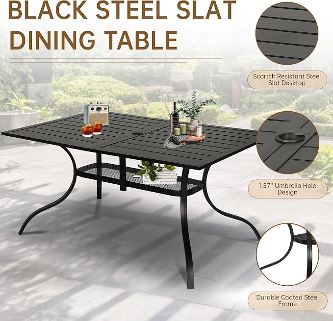 SUNCROWN 8 - Piece Outdoor Dining Set, Patio Furniture Set with 6 Textilene Dinning Chairs, 1 Rectangle Metal Table and 1 Sky Blue 9Ft Patio Umbrella for Lawn Garden Backyard Deck, Black