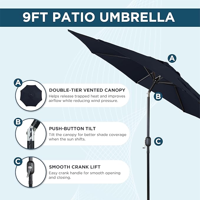 9FT Outdoor Patio Umbrella with Push Button Tilt and Crank, Market Umbrella, 8 Heavy-Duty Ribs, Outdoor Table Umbrella for Garden, Deck, Poolside & Backyard