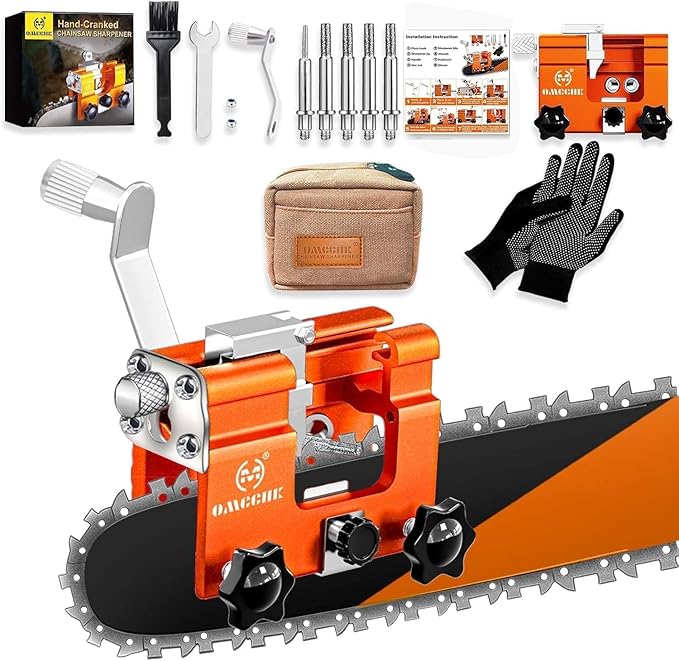 Chainsaw Sharpener Jig with Carry Bag and Gloves, Universal Chainsaw Sharpening Kit, Chain Saw Sharpener Tool with 5 Sharpening Stone Portable Chainsaw Accessories for 4"- 22" Saw Chain