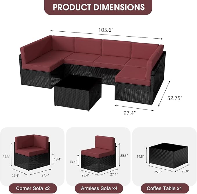kinbor 7 Piece Outdoor Furniture Set - Waterproof Black PE Wicker Patio Sofa with Cushions for Backyard, Poolside & Porch, Burgundy