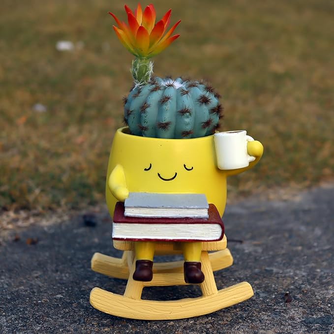 Dolkgy Funny Planters for Indoor Outdoor Plants, Adorable Rocking Chair Drinking Coffee Book Face Plant Pots, Unique Yellow Head Planters Flower Vase Succulent Pots