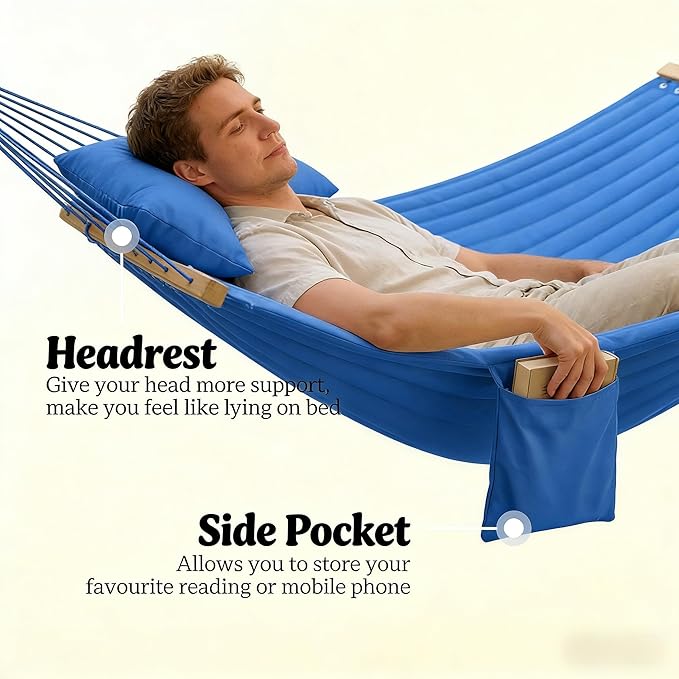 2-Person Tree Hammock Outdoor, Portable Double Hammock Without Stand, Detachable Headrest Magazine Pocket, 450 lbs Capacity, Camping Patio Backyard Indoor Outdoor Hammock Bed (Navy Blue)